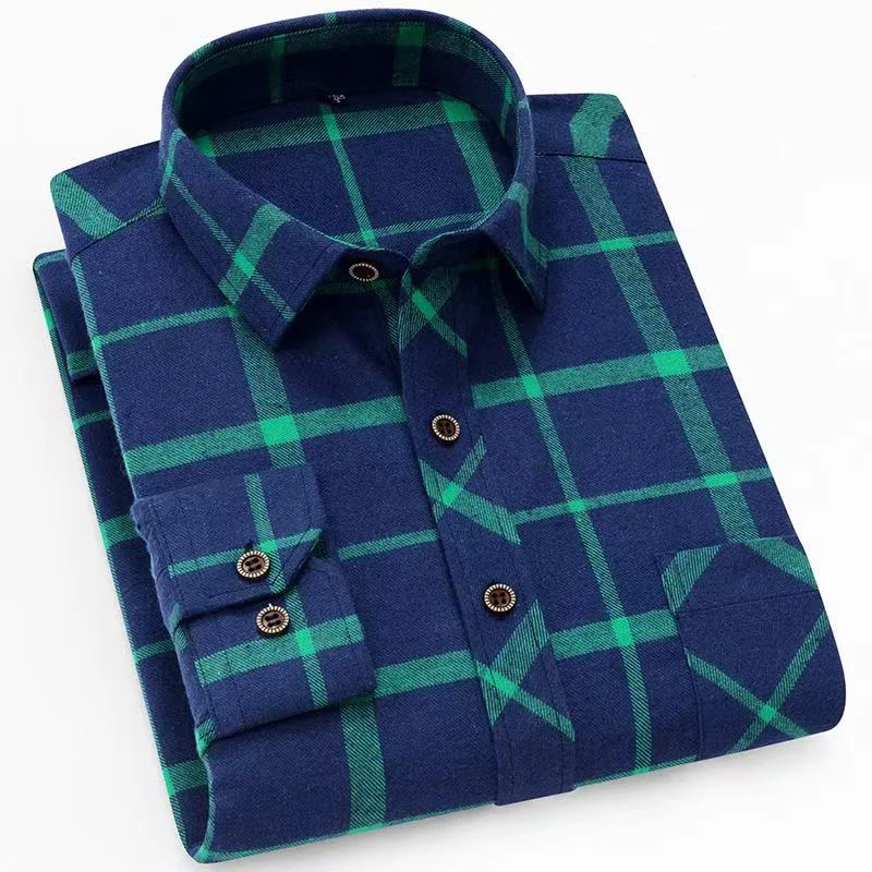 H0142e50f18d6414f8ed6cdf5909a9abf4.webp New Fashion Plaid Shirt Long Sleeve Shirt for Men-Green / 4 XL - Image 1
