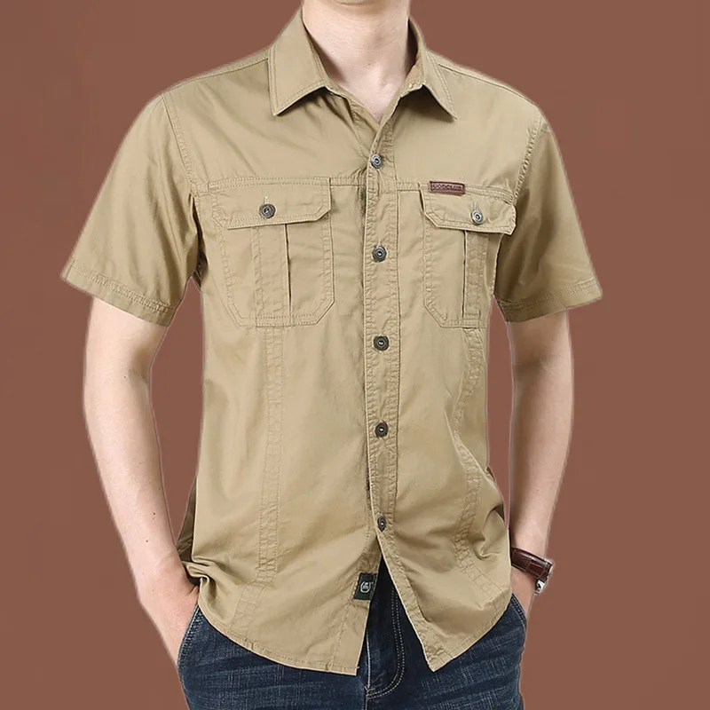 H941dec4d8e0f458e89a960ab00293634M.webp Mens Short Sleeve Cotton Casual Tactical Shirt Half Sleeve for Hiking Climbing Hunting Outdoor Sport Shirt for Men-Khaki / L - Image 1