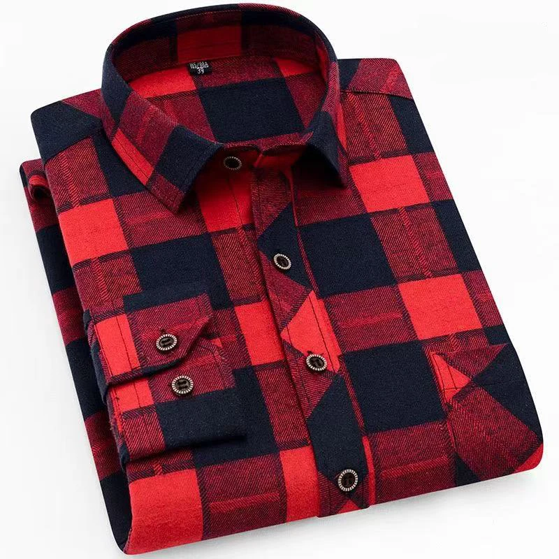 Hbb061f70fec343738f62542738d4215b7.webp New Fashion Plaid Shirt Long Sleeve Shirt for Men-Red / XL - Image 1
